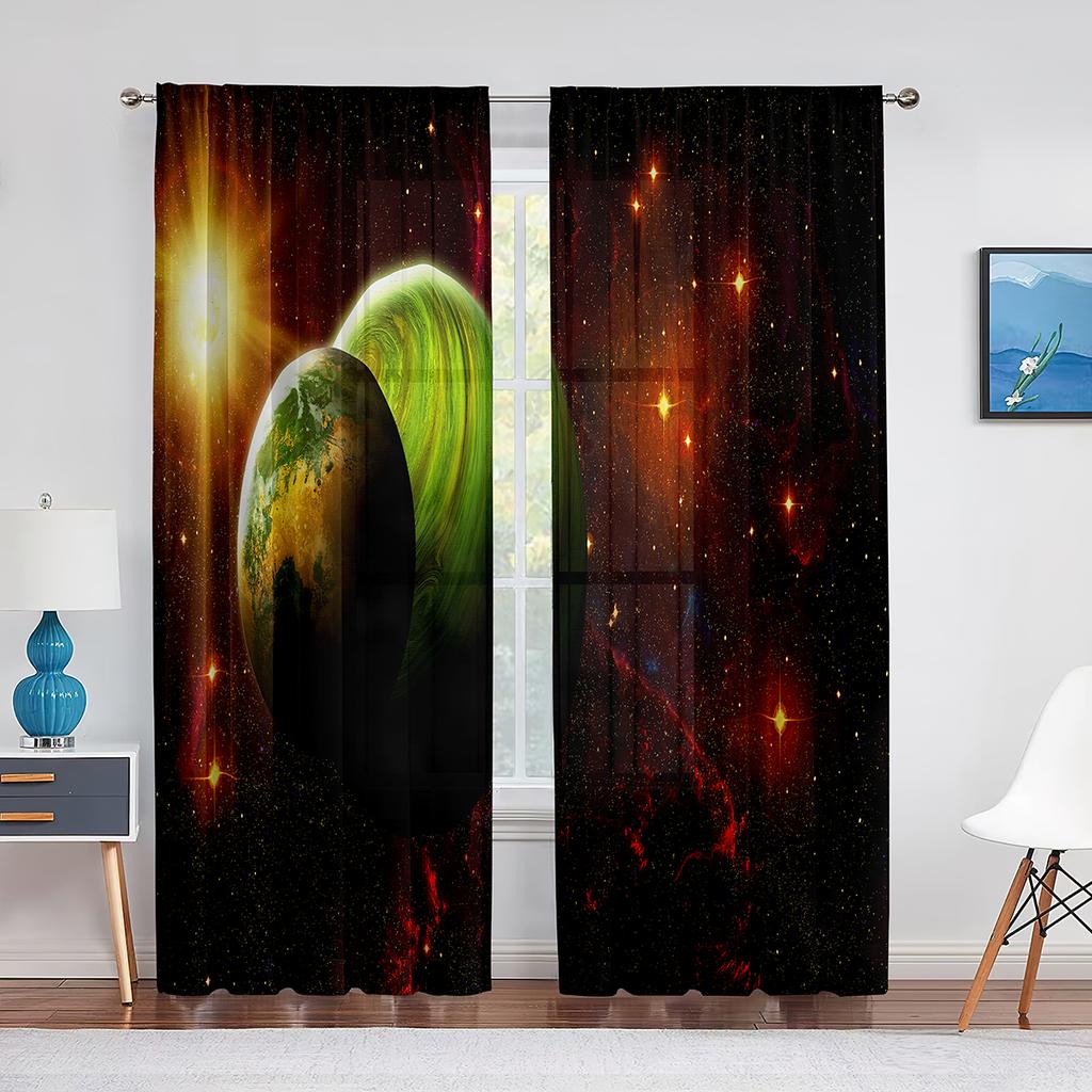 Solar System Outer Space Sheer Voile Curtain for Living Room Bedroom Decor Planet Galaxy Glitter Fantasy Window Tulle Curtains
