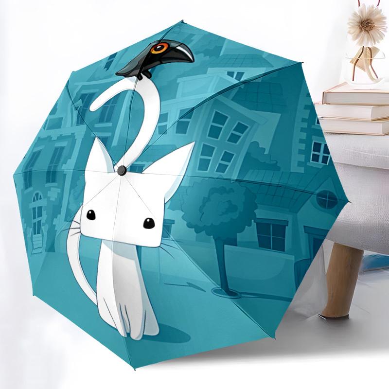 

1pc Automatic Open/close Umbrella with Cute Crow & White Cat Design - All-Season Portable Folding Umbrella, Compact Luxury Par Iron&8K