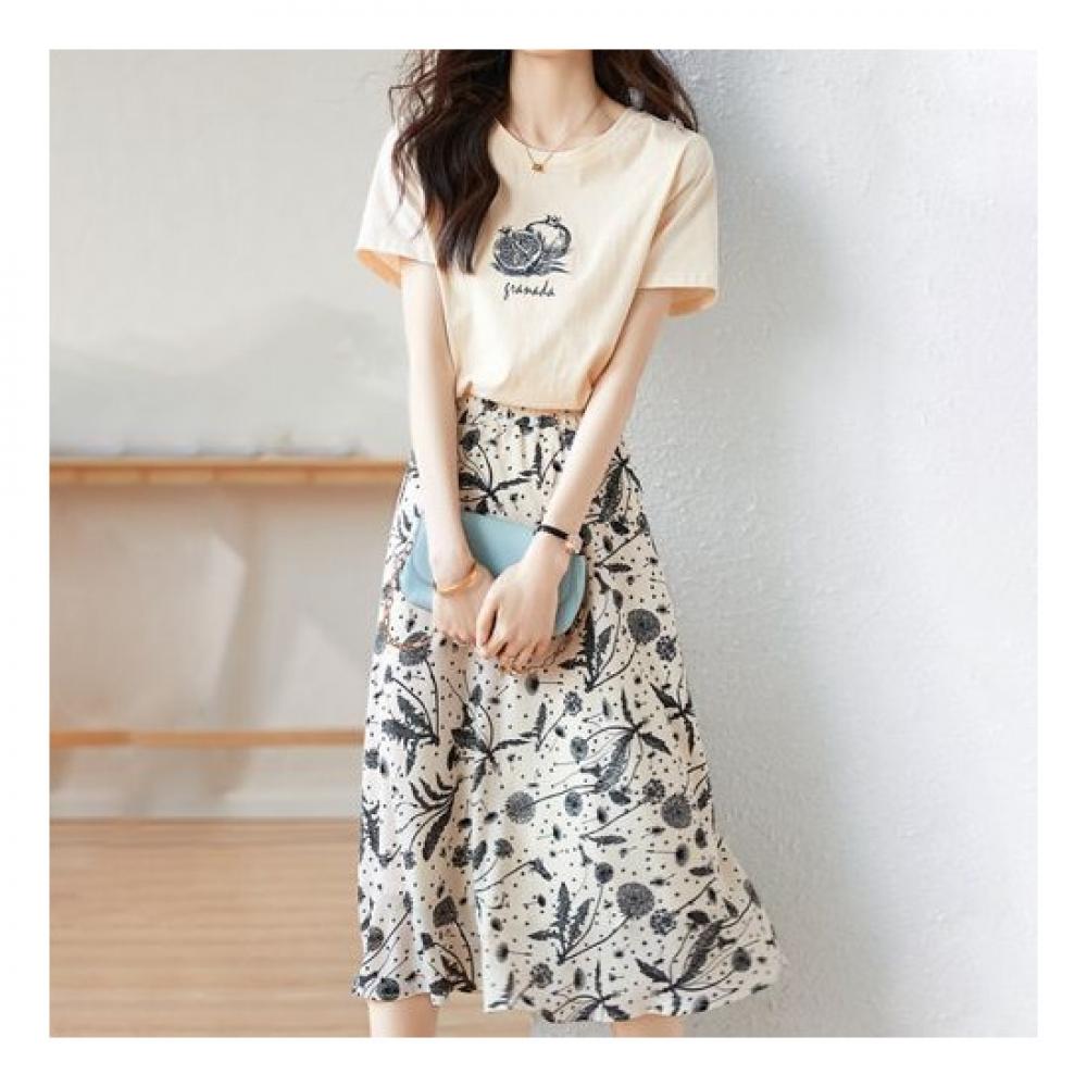 Navava Women Printing Flower Short Sleeve Skirt Two Piece Set No392