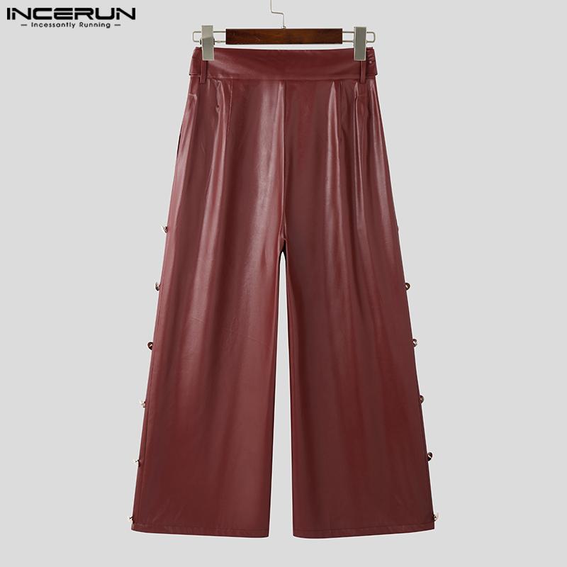 INCERUN Men Zipper High Waist PU Leather Pants Casual Long Trousers with Pockets