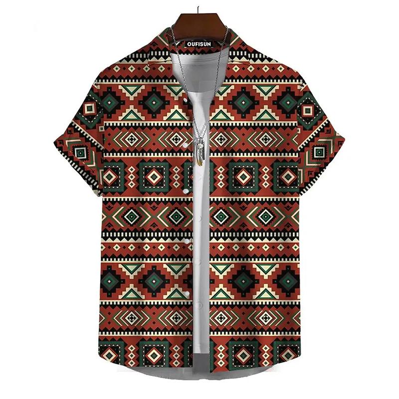 Vintage Hawaiian Shirts For Men Ethnic Pattern Print Lapel Blouse Fashion Casual Womens Clothes Short Sleeve Tees Tops
