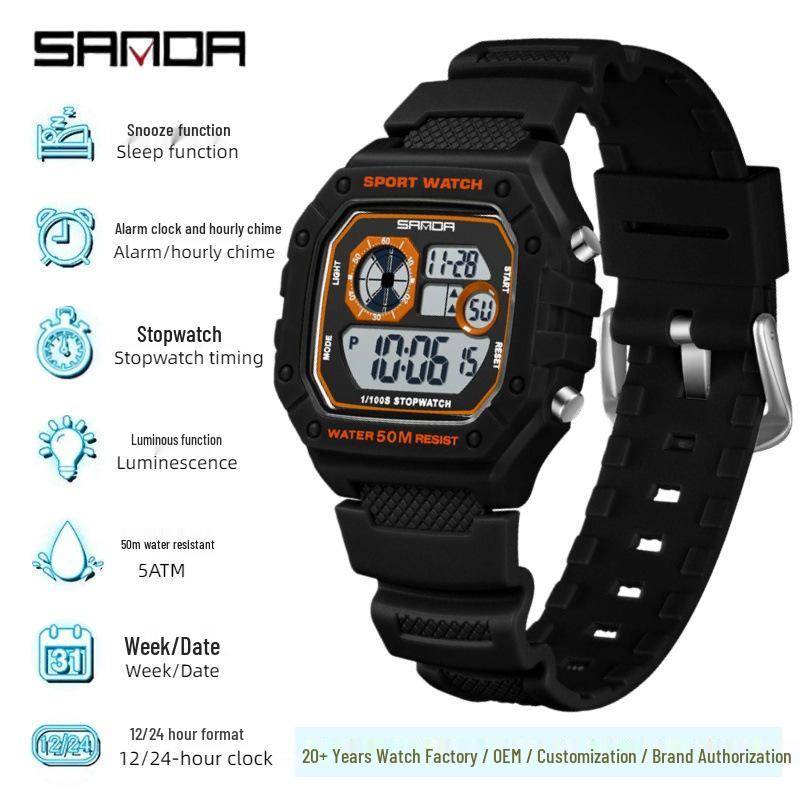 Sanda Multifunctional Luminous Waterproof Unisex Square Electronic Watch