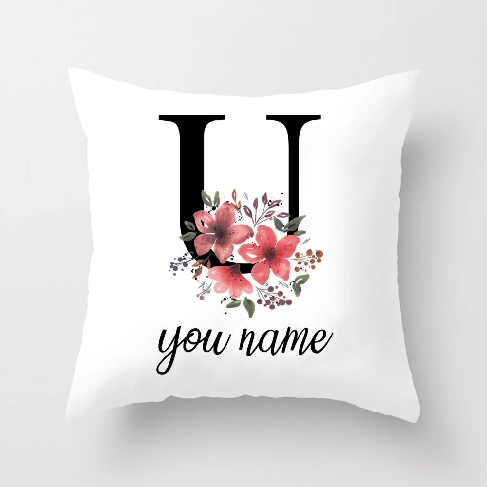 Personalized Name Flower Letter Pillow Case Alphabet Print White Square Pillow Case Dust Cover Bedroom Party Decoration
