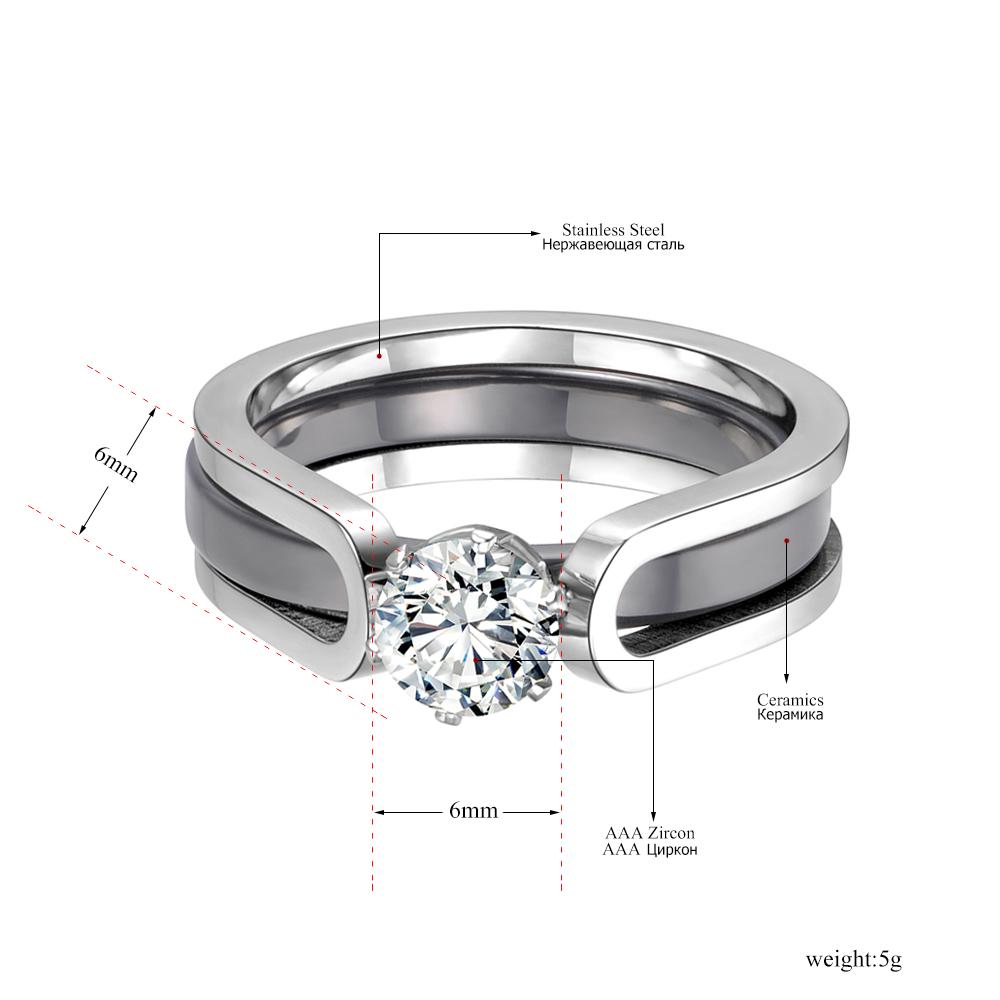 JeeMango 2 In 1 Black/White Ceramic Crystal Wedding Ring Jewelry For Women AAA Cubic Zirconia Stainless Steel Engagement R18071