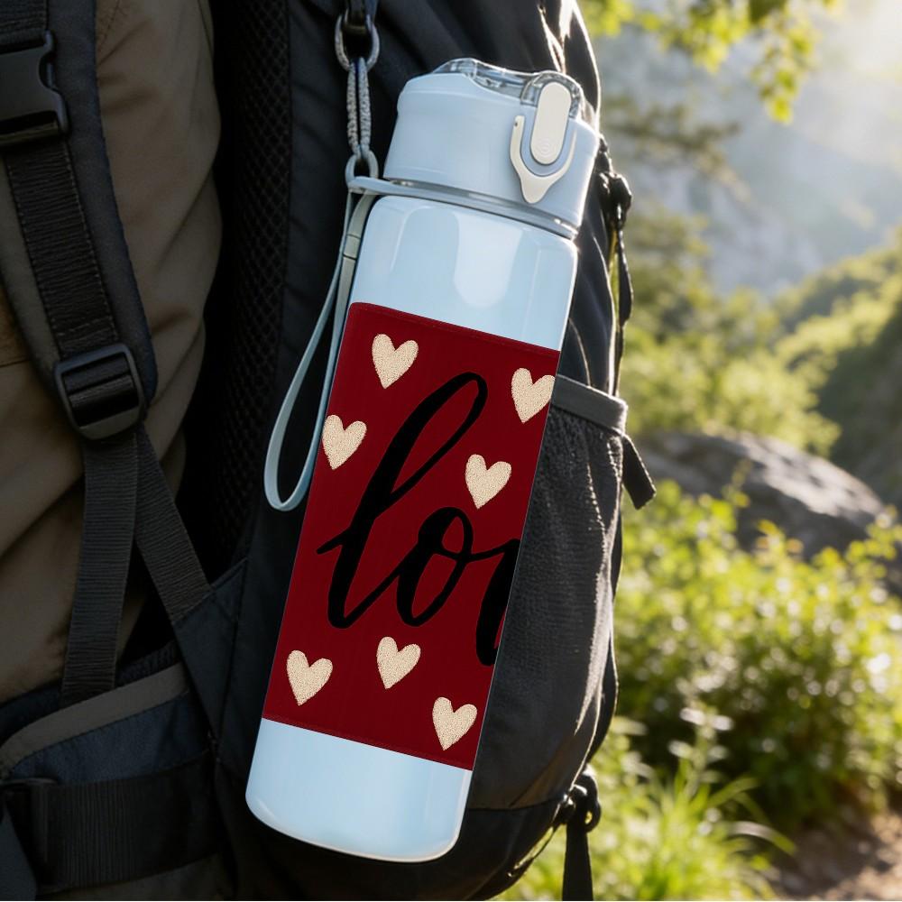 1PC Red Heart Repeat Love Pattern 750ml Color Plastic Sports Water Bottle Leakproof Flip Straw Lid Suitable for Sports Office Home Use