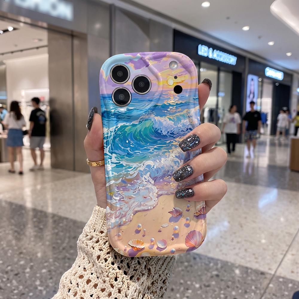 Ocean Wave And Seashell Pattern Wavy Edge Phone Case For iPhone 17 16 15 14 13 12 11 Pro Max Plus 8 7 Shockproof Cover