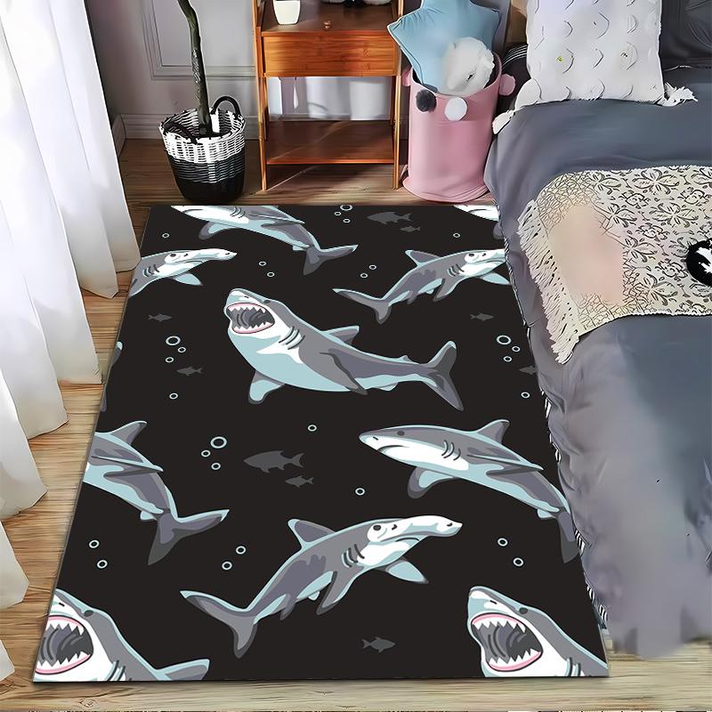 Teppich mit Haifischmuster und Meeresmotiv auf schwarzem Hintergrund, geeignet als rutschfester Überzug für Wohnzimmer, Schlafzimmer, Sofas