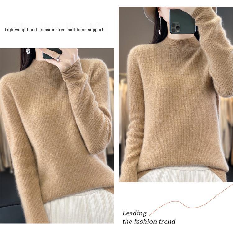 Women's Slim-Fit Long-Sleeve Wool Base Layer Sweater – Soft High-Neck Knitwear for Autumn and Winter