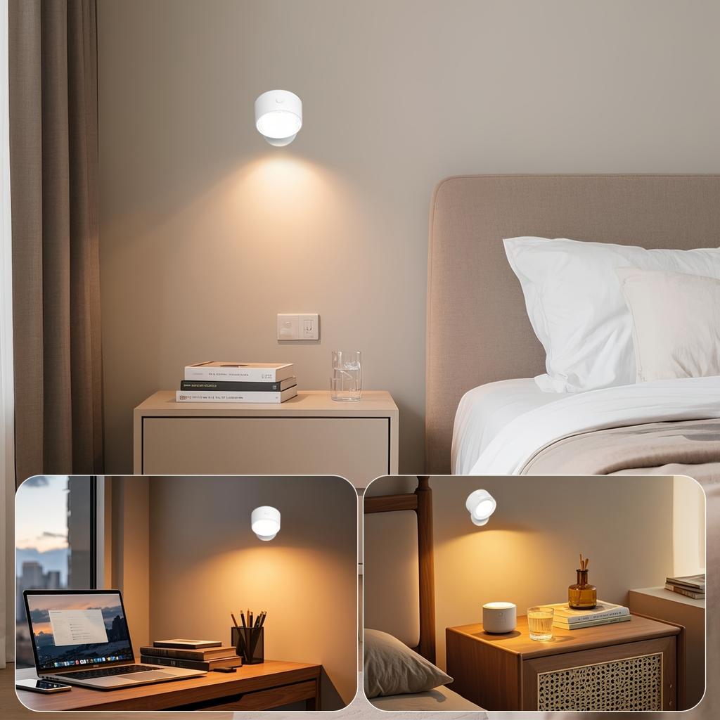 Wireless LED Wall Light/Lights: 3 Color Temperatures, 360° Rotatable,No-Drill & Rechargeable.Remote Control, Dimmable,Night Light for Bedroom