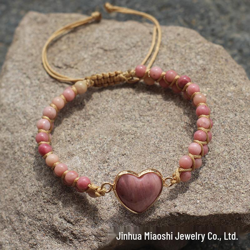Bohemian Red Heart-Shaped Redwood Stone Double-Layer Woven Women's Bracelet