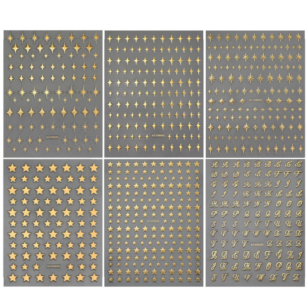 6Pcs Y2K Irregular Star Manicure Decals Gold Silver Color Letters Nail Decorations Nail Supplies
