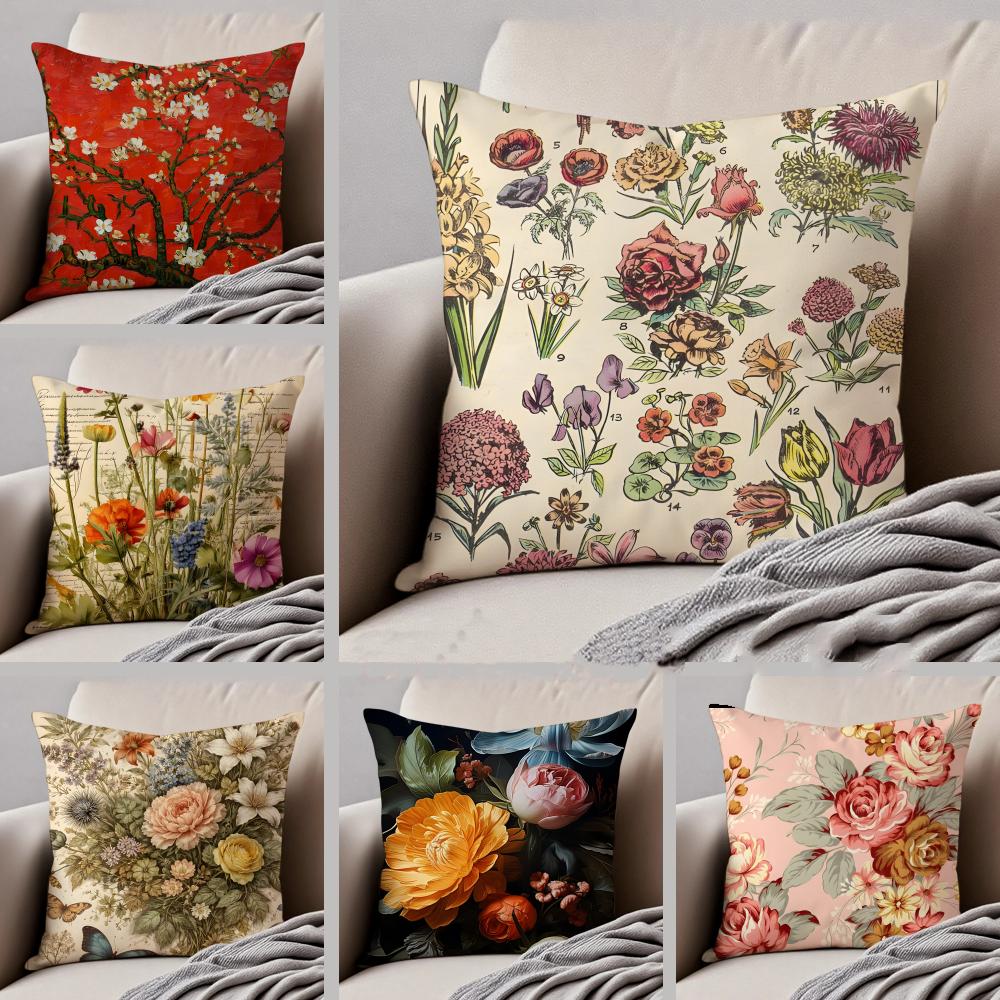 Vintage Floral Pillow Pastoral Style Cushion Cover Throw Pillow Cover Hidden Button Durable Polyester Chair Cushion