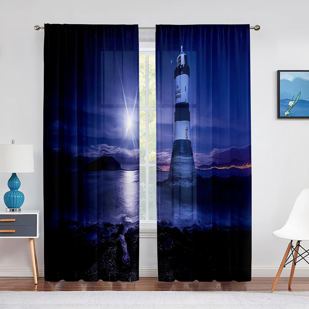 Ozean Leuchtturm Neblige Wolken Mond Nachtansicht Tüllvorhänge für Wohnzimmer Schlafzimmer Fenster Vorhang Küche Transparenter Voile Vorhang