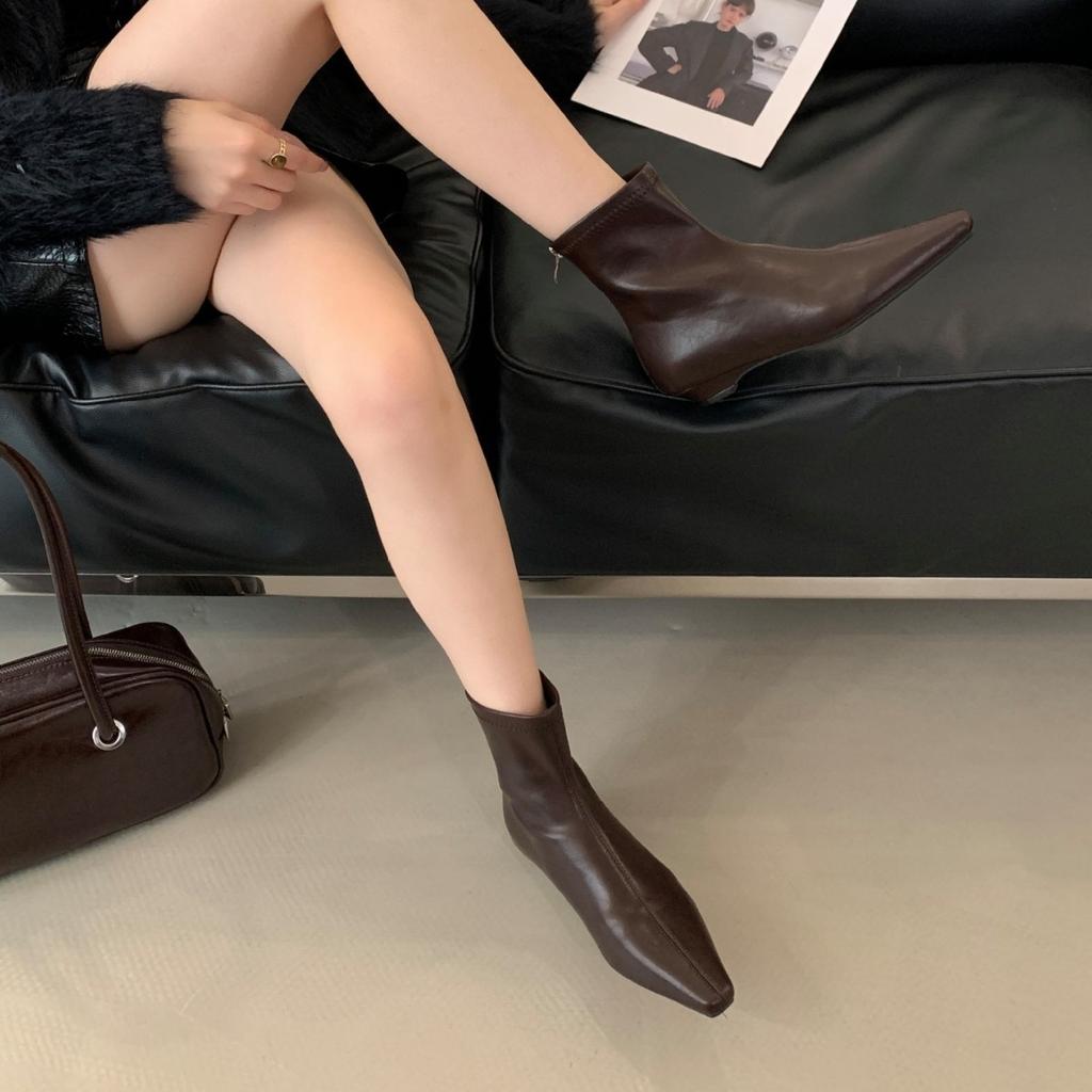 Pointed short boots women's thick heel thin boots versatile little fairy 2025 autumn and winter new soft leather mesh low heel Martin boots