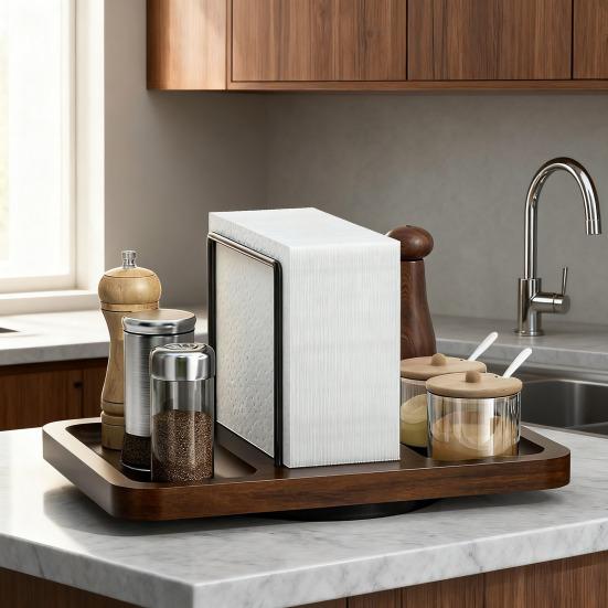 Kitchen Storage Rack Wooden Napkin Holder Rotating Spice Rack Multi-functional Vertical