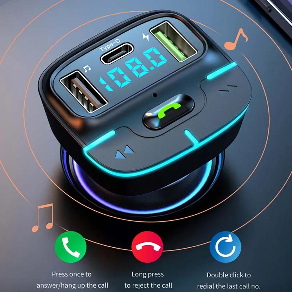 Car Bluetooth-compatib5.3 FM Transmitter Wireless Audio Receiver Car MP3 Player PD Fast Charger Ambient Light Muti-point Charger