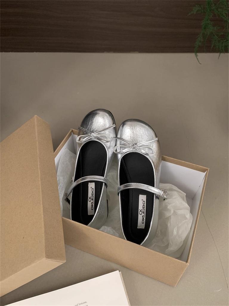 Inner Height Increase Silver Bow Mary Jane Single Shoes Women's Shoes 2025 New Popular Fairy Style Ballet Shoes
