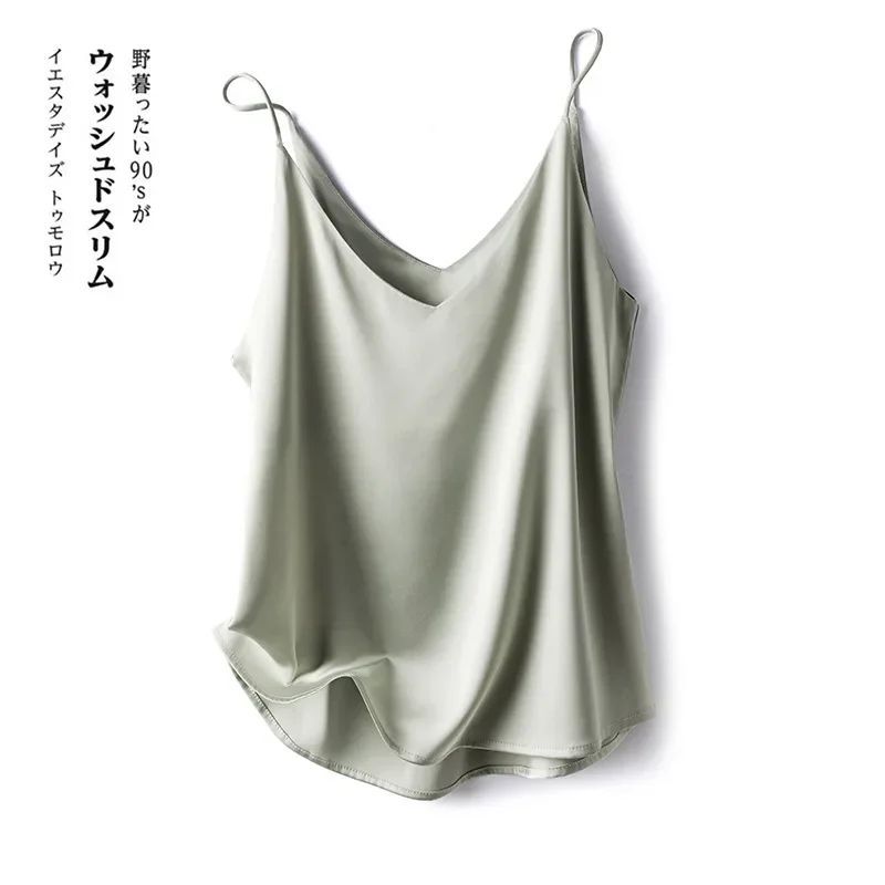 Solid Color Satin V-neck Tank Top for Women Pure Color Satin V-neck Strap Female