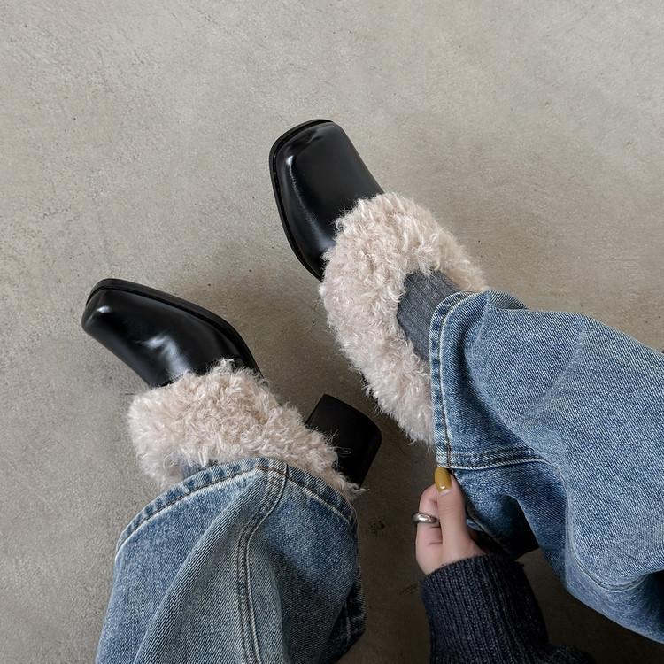 Rindslederversion 2025~ Quadratische Zehenpartie Ein-Riemen Samt warm Mary Jane kleine Lederschuhe Baumwollschuhe dicker Absatz Einzelne Schuhe flauschige Schuhe