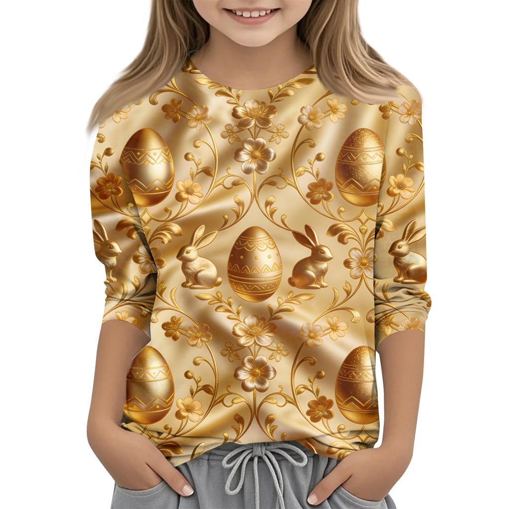 Haut décontracté pour enfants à manches sept-quarts, imprimé Pâques, col rond, imprimé