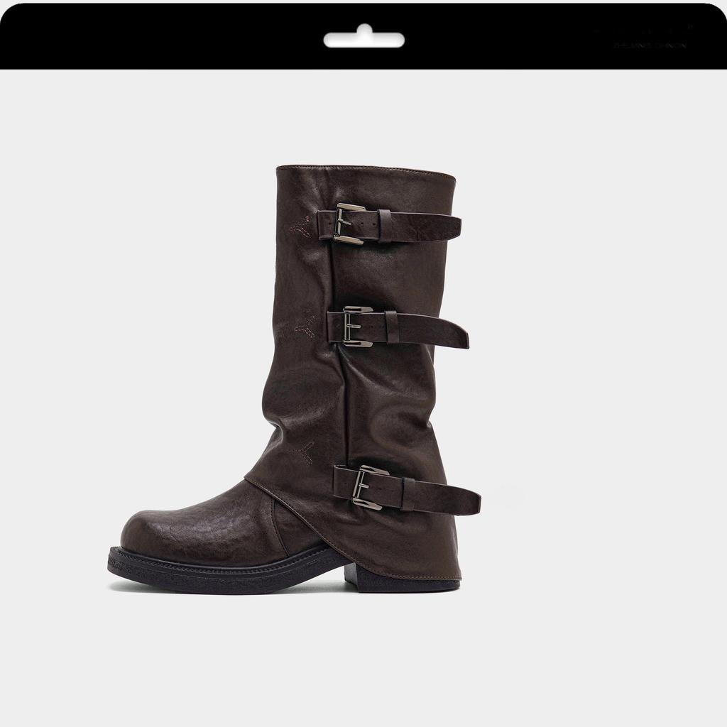 Thick-soled Belt Buckle Pleated Medium Boots Women's 2025 Autumn and Summer New Western Cowboy Short Boots Martin Boots Pant Tube Boots