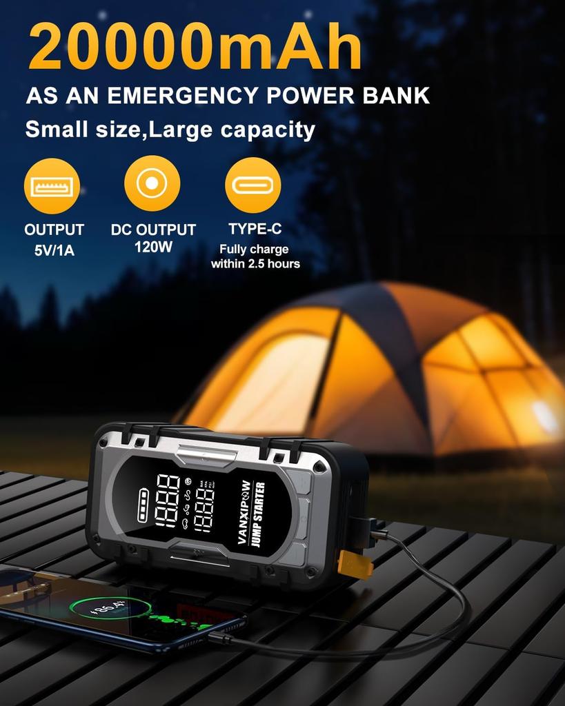 Portable 12V Car Jump Starter with Air Compressor, 4500A, 150PSI, 600Lm LED Light, Large Display, Power Bank