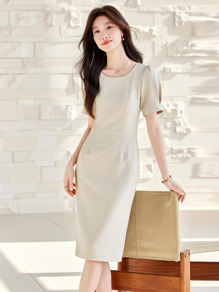 Round Neck Puff Sleeve Slim Fit Midi Dress - Spring/Summer 2026 Women's Professional Commuting Style