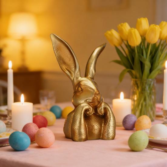 Easter Bunny Figurine Golden Resin Rabbit Statue Cute Bunny Holding Face Tabletop Ornament for Spring Tiered Tray Shelf Table Centerpiece