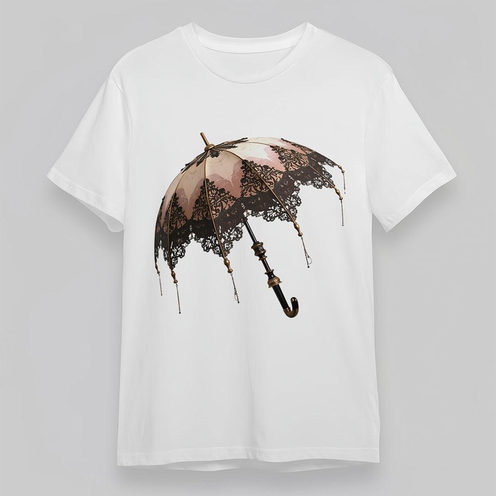 

Women s Soft T-Shirt Vintage Umbrella Pink Lace Pearl Tee White Cotton Oversize L