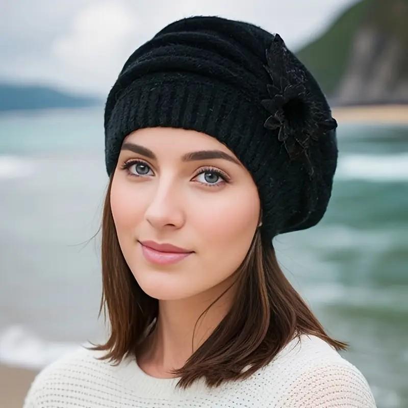 1Pcs Thickened Beret Warm Knitted Wool Hat Autumn Winter Mom Hat Diy Accessories Women'S Winter Flower Hat