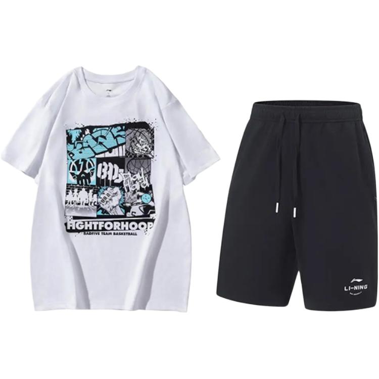 

Li Ning Баскетбол Футболка с принтом, круглый вырез, пуловер, короткий рукав, модные свободные универсальные шорты, повседневный спортивный комплект AHSUA27-1+AKST543-3 M
