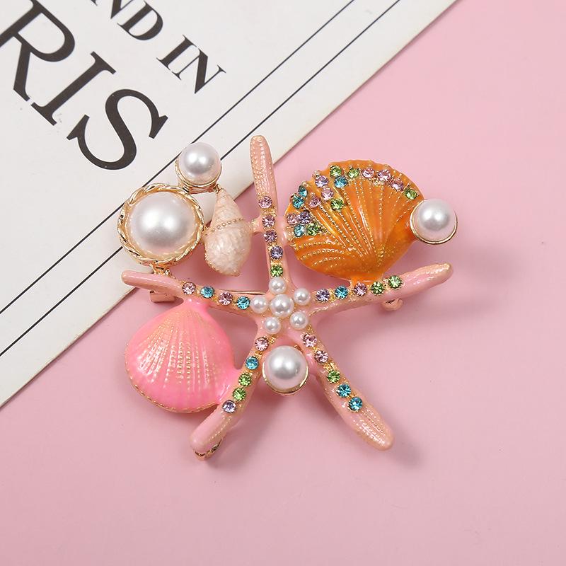 Korean Marine Life Brooch: Starfish & Shell Pin with Metal, Diamond, & Pearl Accents