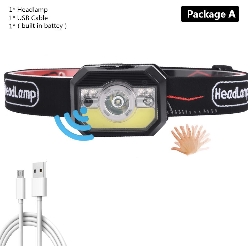 

XP-G Q5 Датчик налобного фонаря Фара Водонепроницаемая светодиодная встроенная USB-перезаряжаемая батарея Ходовые огни Красная лампа COB Litwod Package A