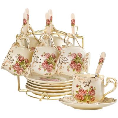 Çay Fincanları ve Tabakları 6'lı Set, 8 Oz Vintage Çiçekli Porselen Çay Fincanları Seti, Altın Raf ile Kahve Fincanları