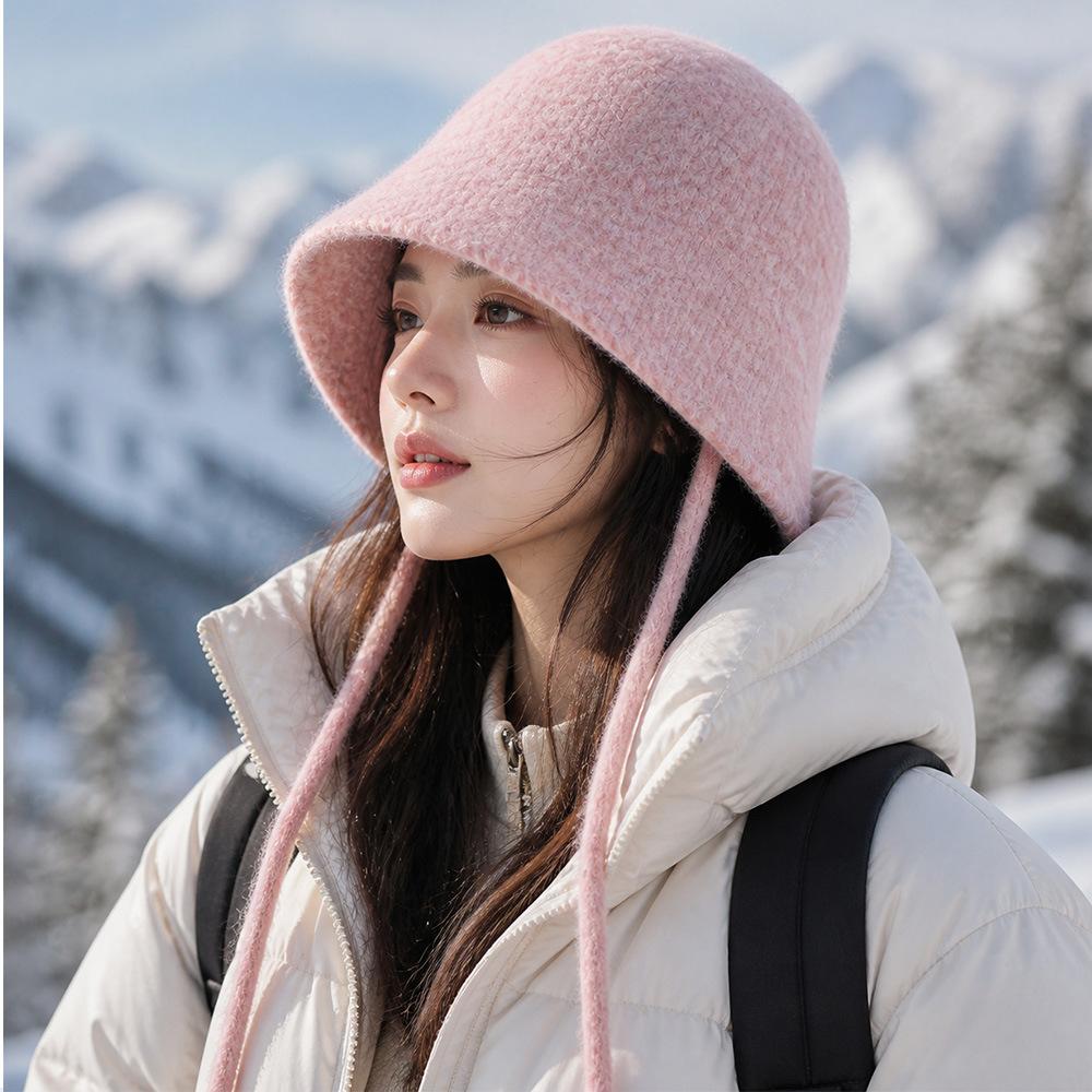 Autumn and winter knitted hat women's face small ear protector wool hat lace-up versatile windproof warm ear protector pullover hat