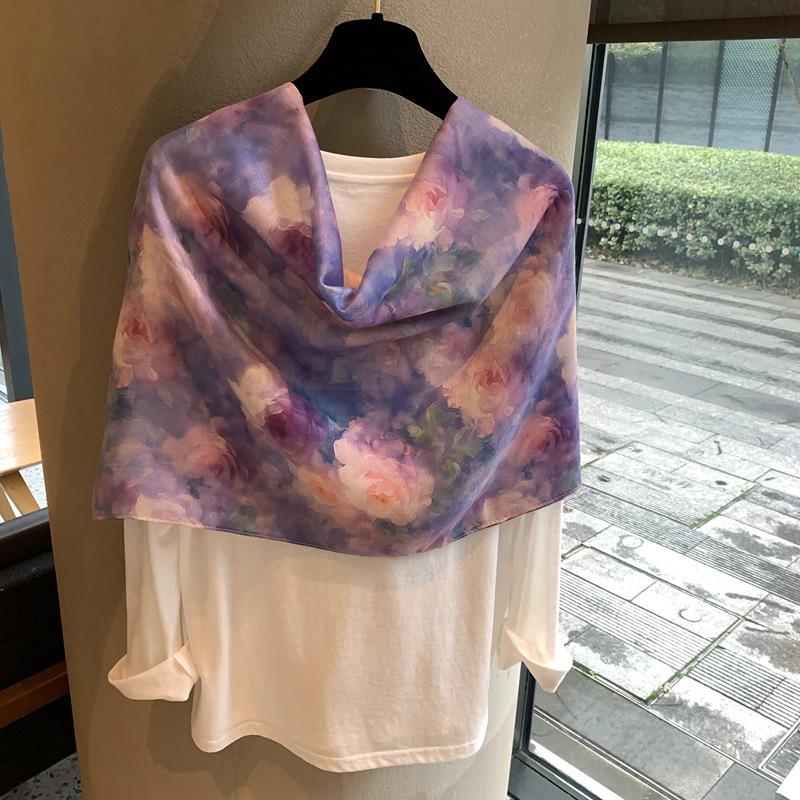 Summer Thin Silk Scarf Femininity Simple High-End Beach Scarf Outside Shawl Seaside Sun Protection Large Scarf Shawl