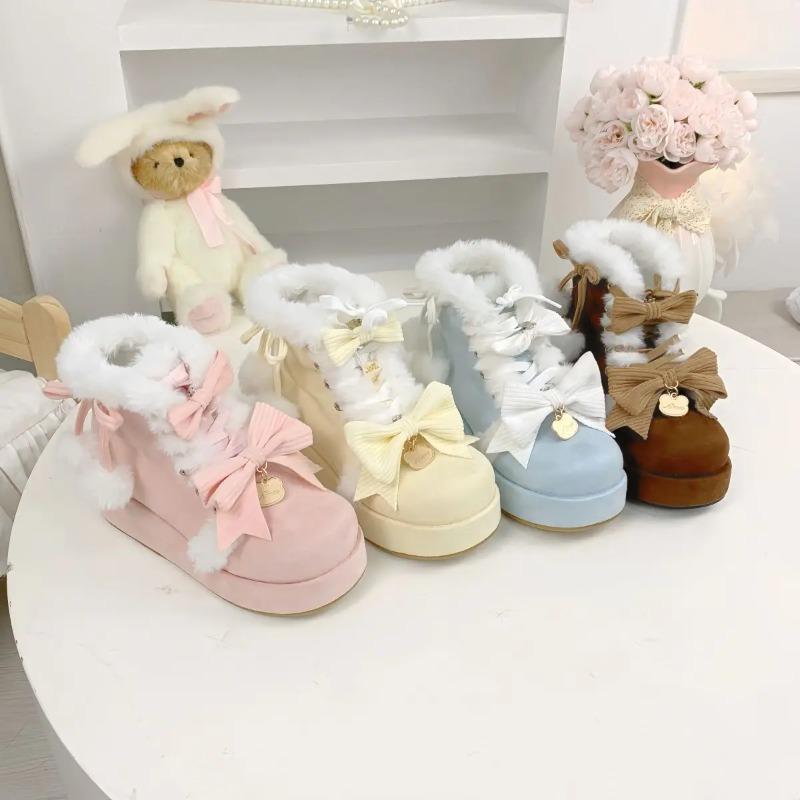 Winter Platform Snow Boots For Women Fashion Designer Bow Cute Plush Warm Cotton Shoes For Women Sweet Girls Lolita Ankle Boots