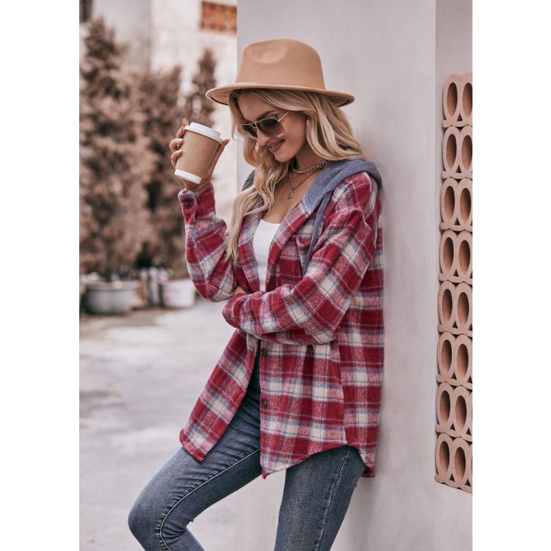 Women Oversized Plaid Flannel Hooded Long Sleeve Casual Shirt Jacket