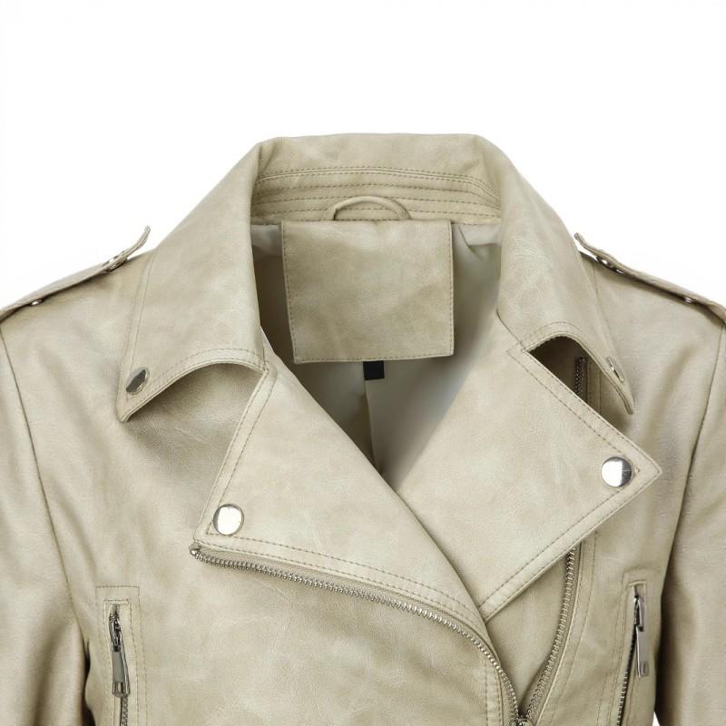 Beige Cropped Fitted Biker Jacket Lapel Metal Rivet Vintage Washed PU Leather Coat