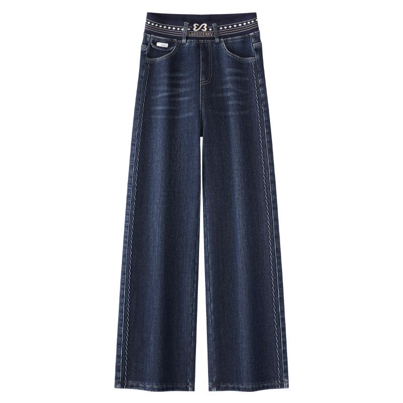 

Женские темно-синие джинсы с высокой посадкой на флисовой подкладке, Осень/Зима 2024, Стройнящие широкие брюки до пола. L