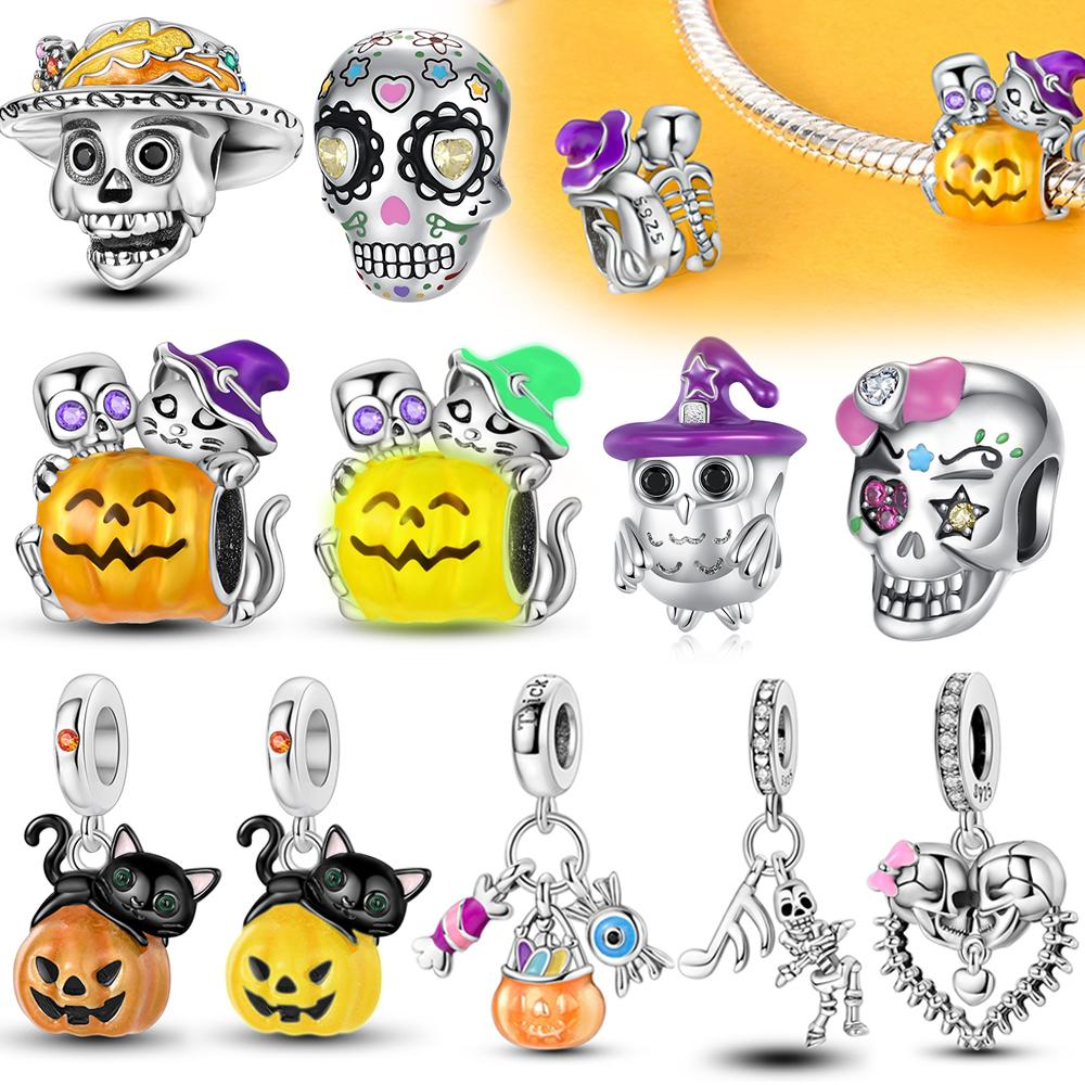 New Copper Glow-In-The-Dark Halloween Pumpkin Dangle Charm Fit Original Bracelet Spooky Skull Charm Bead Jewelry Gift