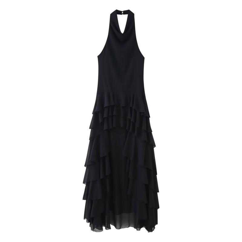 

European American Women s Clothing Summer Backless Laminated Long Tail Hanging Collar Dress XS чёрный
