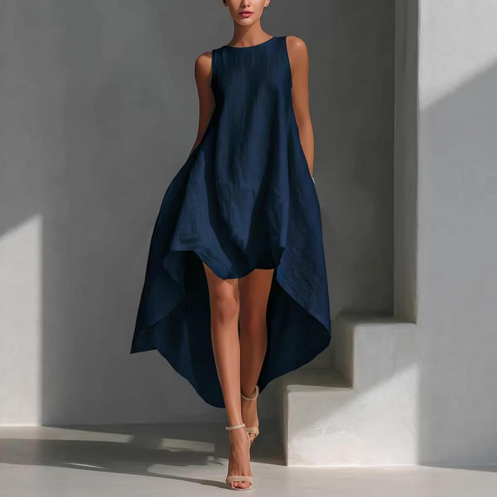 2026 Summer Women's Solid Color Sleeveless Loose Casual Dress with Irregular Hem