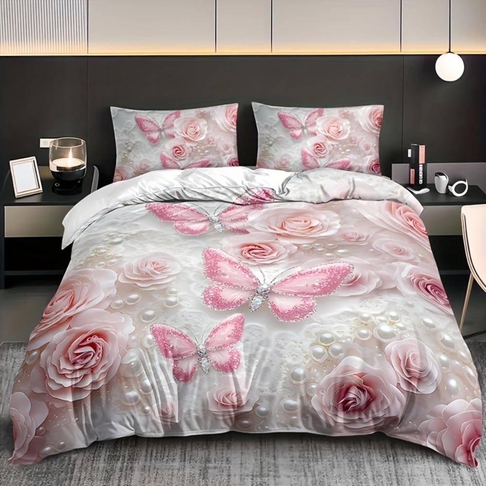 3pcs Pink Bedding Set Butterfly Flowers Printed Cozy Duvet Cover King Queen Twin Size Birthday Gift for Adult Bedroom Decoration
