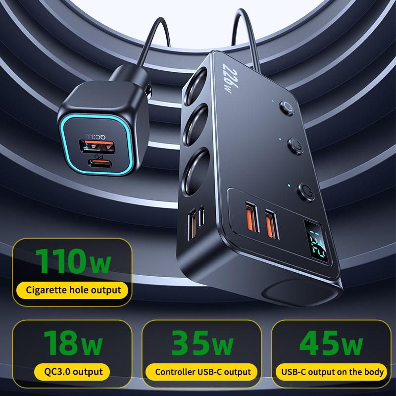 226W Car Charger Fast Charging Cigarette Lighter Split Adapter PD QC3.0 USB Voltage Display Front Rear Charge 12V 24V Truck SUV