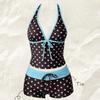 Dames Badkleding Stippen 2-delige Tankini Set Halter V-hals Voorkant Knoopband Cami Top & Contrasterende Tailleband Trekkoord Zwembroek