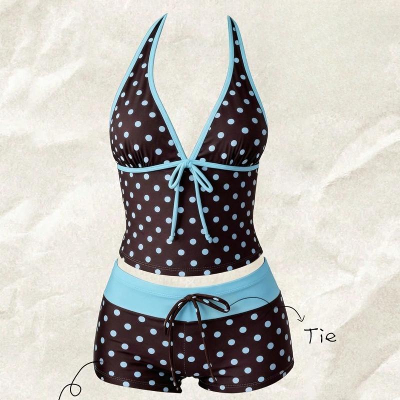 Dames Badkleding Stippen 2-delige Tankini Set Halter V-hals Voorkant Knoopband Cami Top & Contrasterende Tailleband Trekkoord Zwembroek