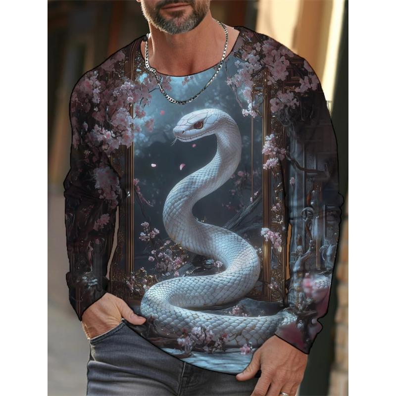 Spring and Autumn Round Neck 3D Snake Pattern Printed Top Fashionable Casual Long Sleeved Men's T-shirts