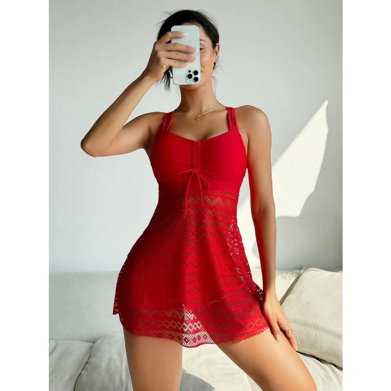 Solid Color Women's Red Lace Crochet Swimdress - One Piece Skirted Bathing Suit