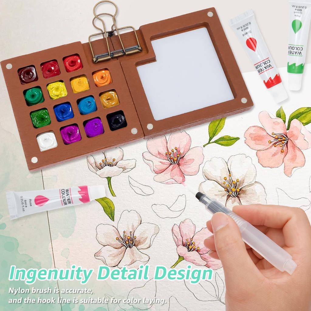 1Set Mini Watercolor Paint Set Portable Pocket Watercolor Kit with 15Grid Palette 24 Color Paint Sketchbook and Brush for Travel